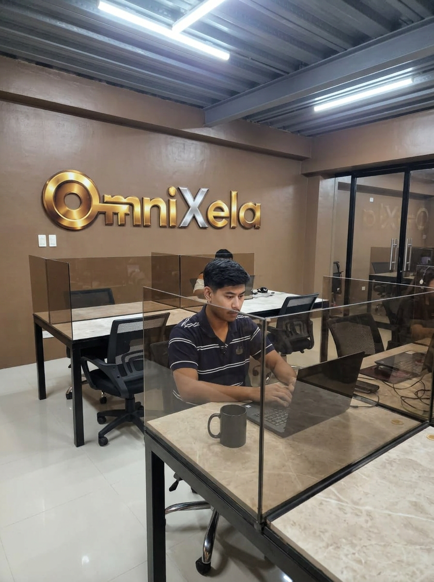 OmniXela Assistant Manager working at a partitioned desk on the production floor