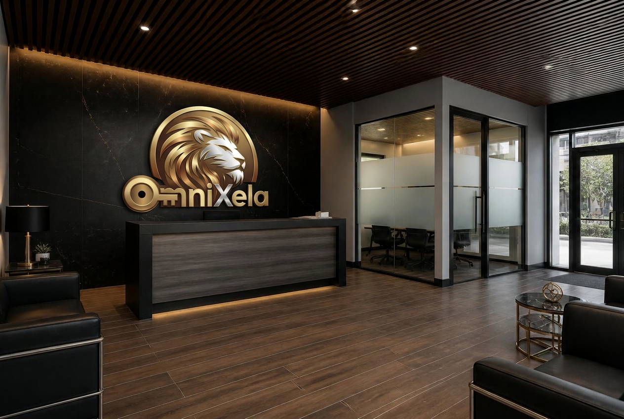 OmniXela reception area with dark marble feature wall, gold signage and half-glass interview room