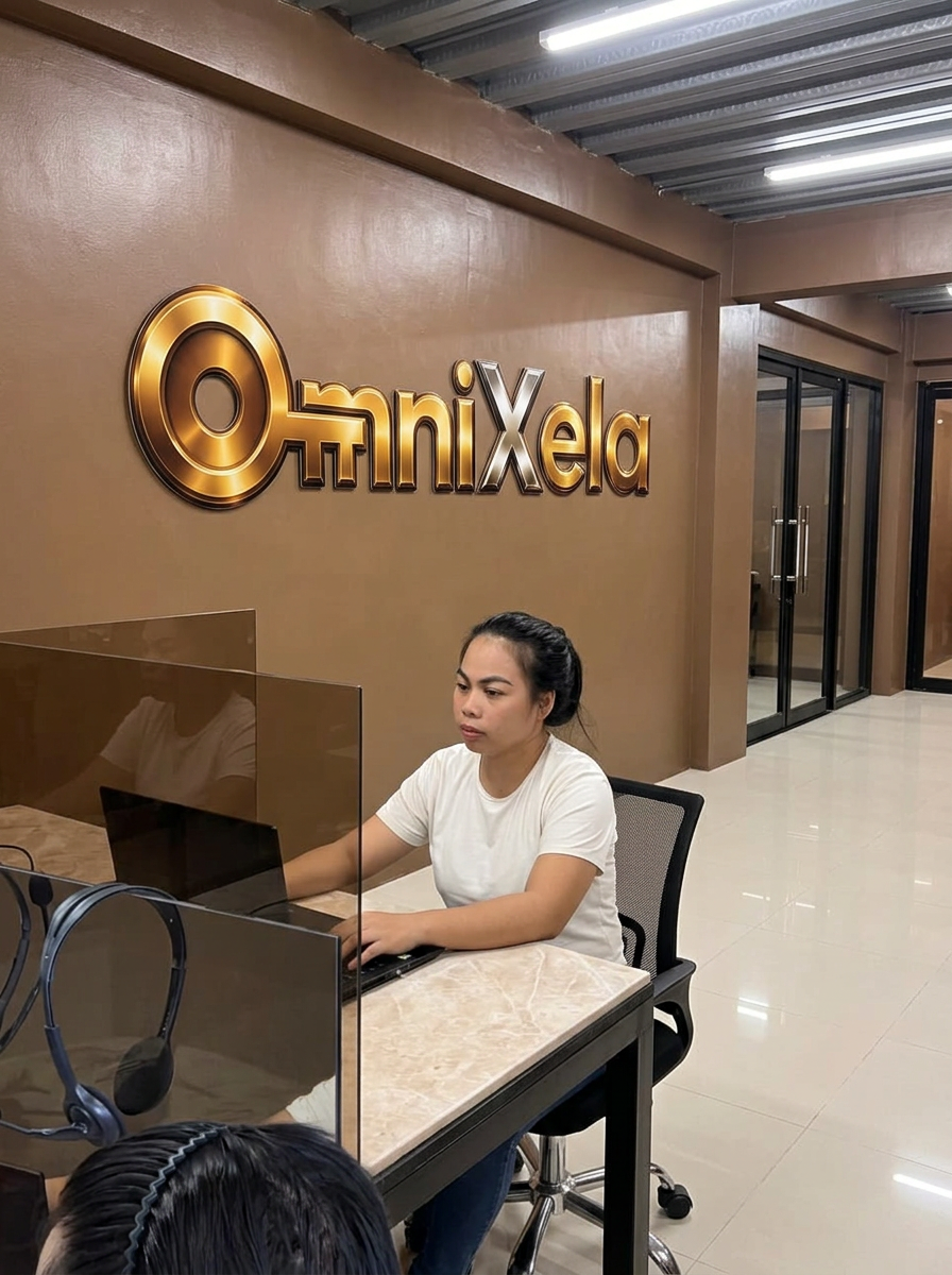 OmniXela Team Lead at her workstation on the production floor with a headset ready