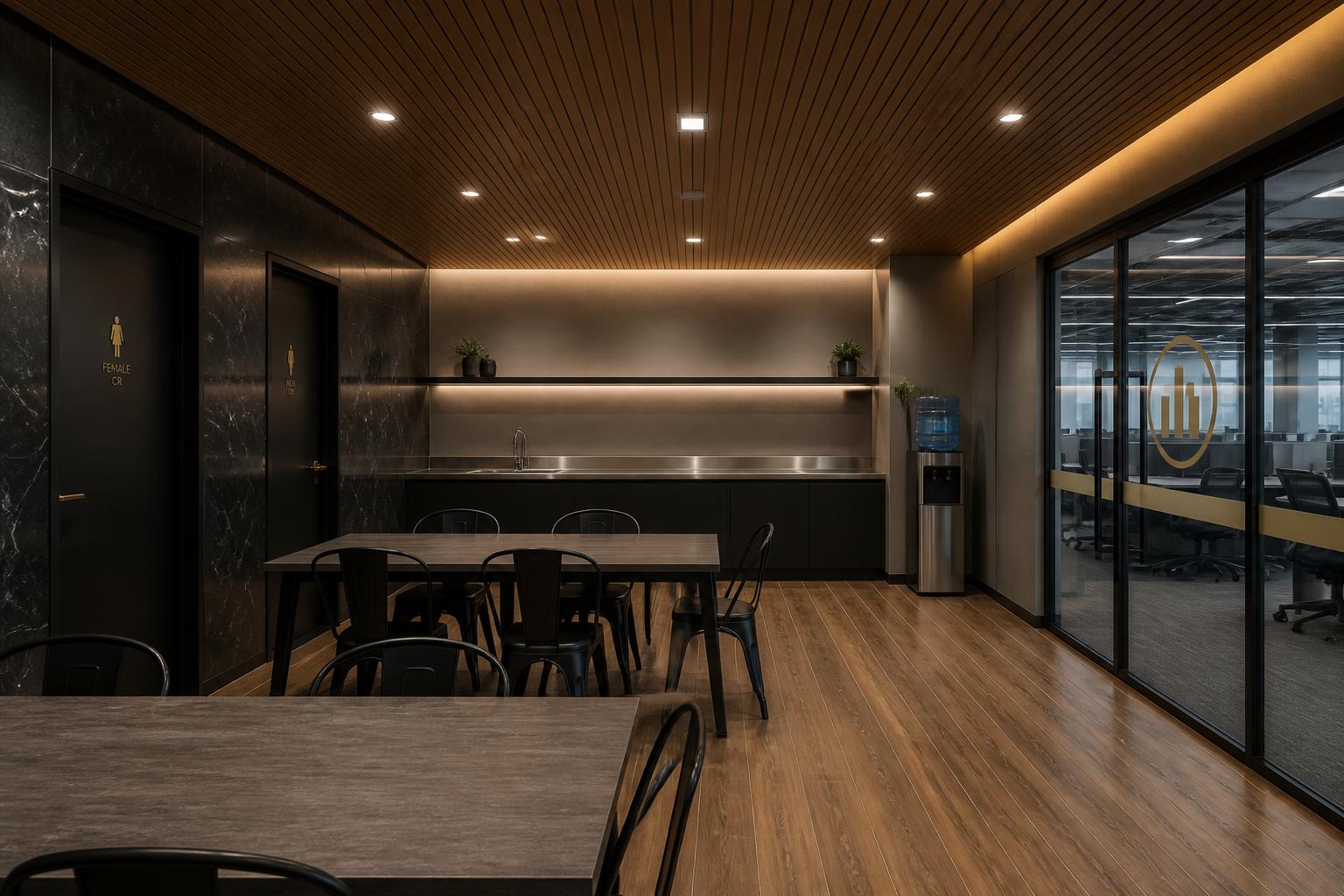 OmniXela pantry and breakroom with wood-design floor and ceiling, stainless kitchen sink and water chiller