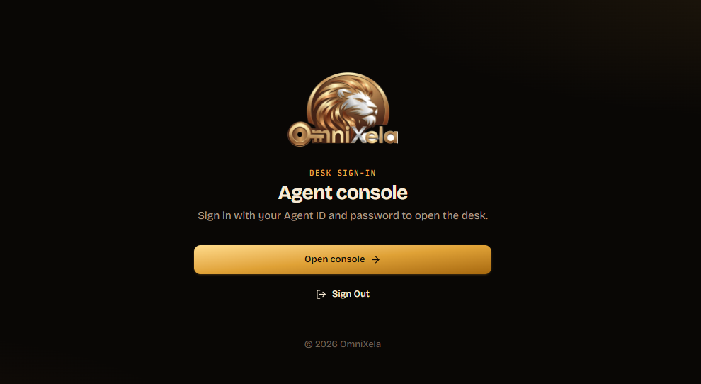 OmniXela agent console entry screen