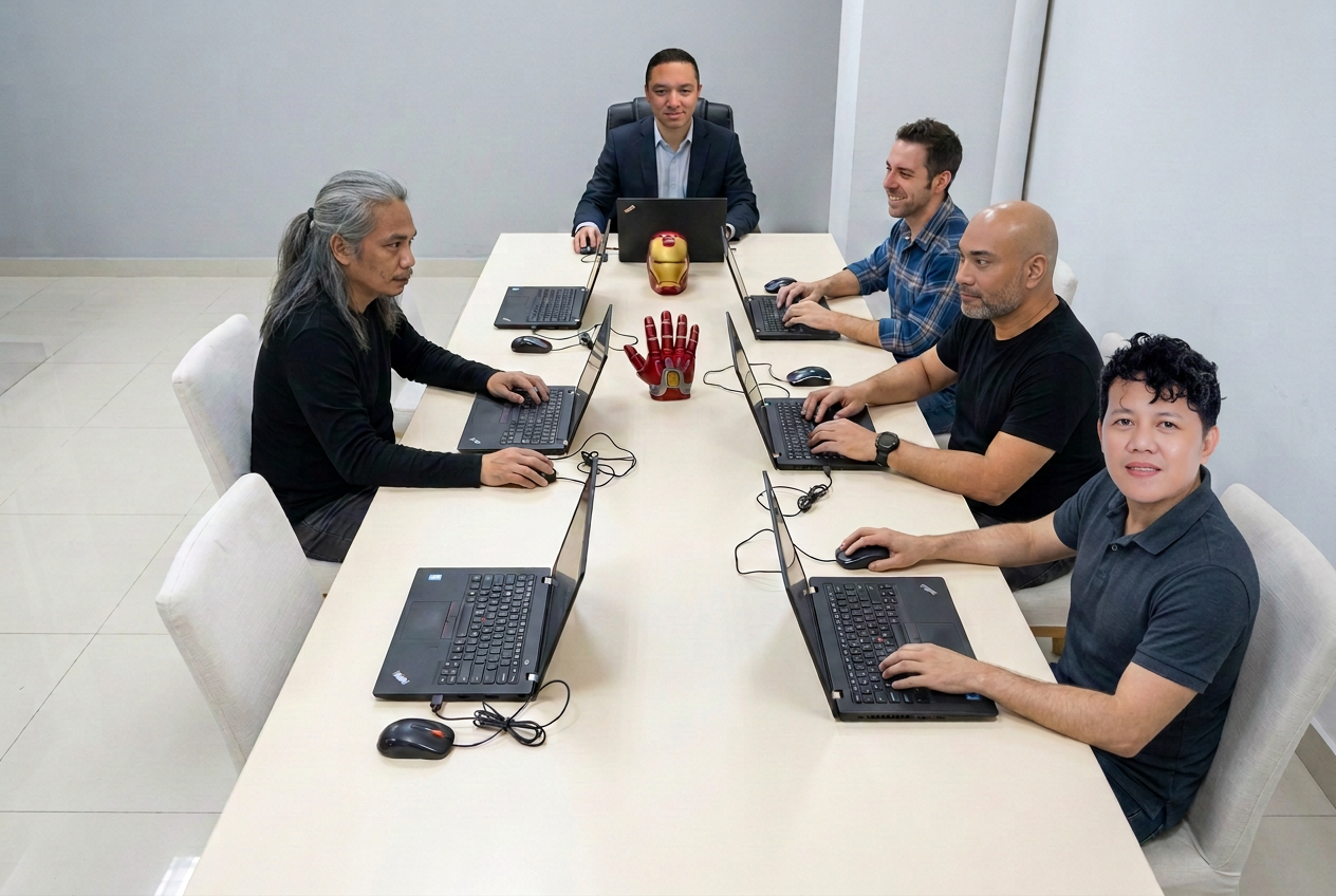 Front view of the OmniXela meeting team with an off-white table and white chairs