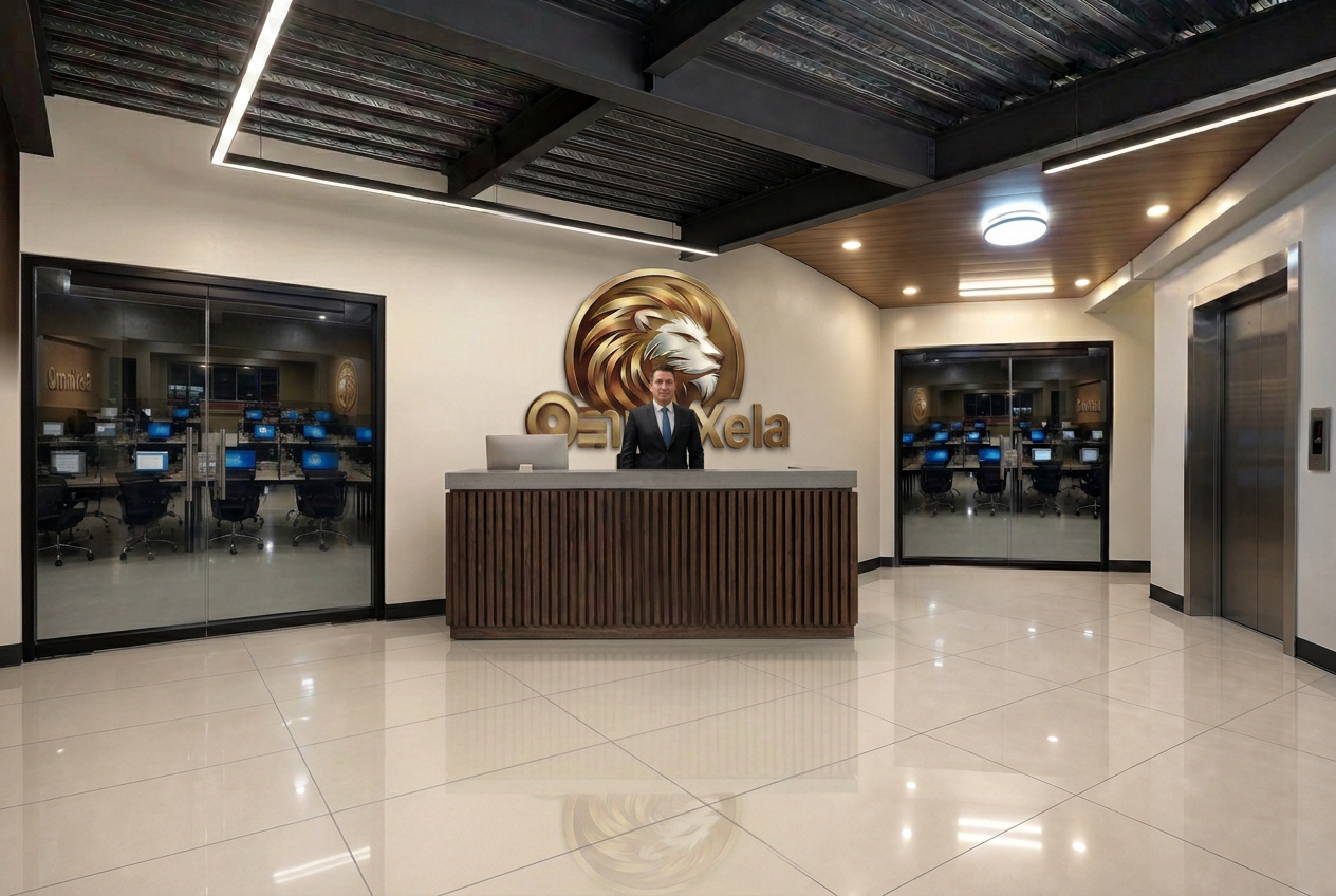 OmniXela reception with a centered slatted wood desk, glass doors on both sides and a front-facing elevator